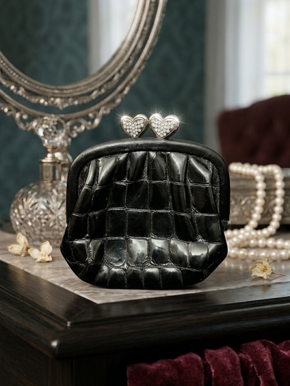 Brighton Black Croc-Embossed Heart-Clasp Coin Purse Rare One